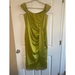 NWT PrettyLittleThing Olive Satin Bardot Tassel Hem Draped Midi Dress Sz 12